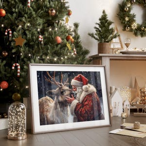 May include: A framed painting of Santa Claus with a reindeer. Santa is wearing a red suit with white trim and a red hat. The reindeer is brown and has antlers. The background is a snowy forest.