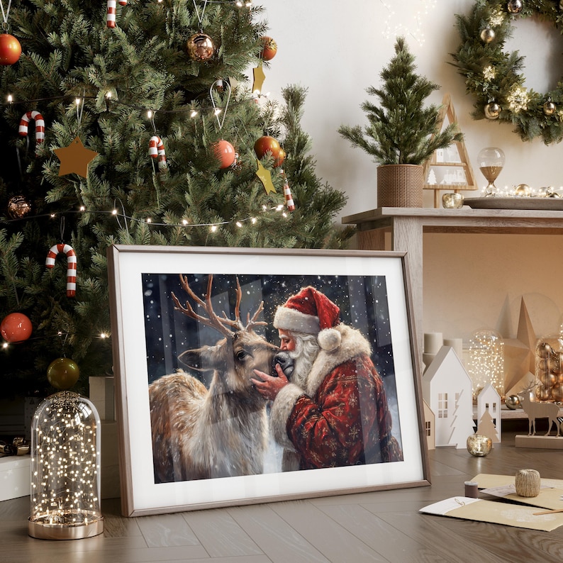 May include: A framed painting of Santa Claus with a reindeer. Santa is wearing a red suit with white trim and a red hat. The reindeer is brown and has antlers. The background is a snowy forest.