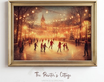 May include: A framed painting depicts an ice skating scene at dusk. People in coats and hats skate on a rink illuminated by string lights and street lamps. The artwork is signed "The Painter's Cottage".