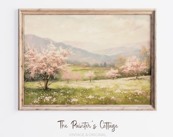 Cherry Blossom Tree Print, Spring Wall Art Printable, Serene Landscape, Pink Landscape Art, Rustic Farmhouse Decor, Country Spring Wall Art