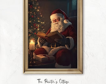 Santa Reading Book, Dark Christmas Wall Art, Printable Christmas Painting, Vintage Santa Print Dark Academia, Farmhouse Winter Holiday Decor