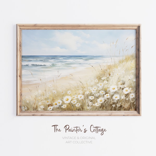 Coastal Summer Printable, Wildflower Field Landscape Painting, Beach House Decor, Vintage Beach Print, Ocean Wall Art Beachy, Seaside Art