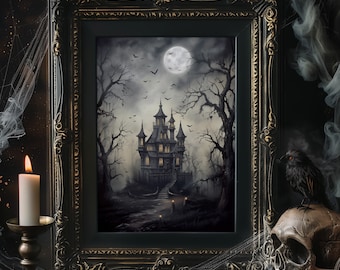 Haunted Mansion Print, Halloween Wall Art Digital, Vintage Spooky Painting, Dark Halloween Decor, Haunted House Printable, Dark Academia