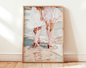 Coastal Cowgirl Preppy Wall Art, Pink Cowgirl Boots Print, Dorm Decor Printable Wall Art, Beachy Wall Art Teenage Girl Gifts, Trendy Poster