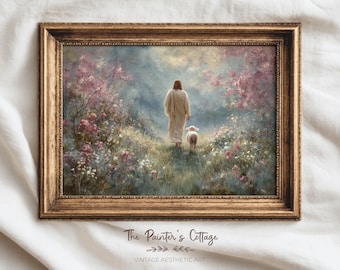 Jesus And The Lamb Print, Good Shepherd Jesus Painting Wall Art For Christians Gifts, Vintage Religious Print Lost Sheep Jesus Leaves The 99