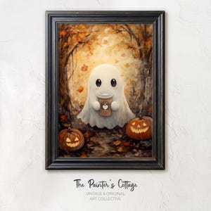 Cute Ghost with Coffee Printable, Halloween Coffee Bar Decor, Coffee Lovers Gift, Spooky Kitchen Art, Little Ghost Coffee Halloween Wall Art