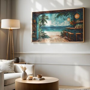 May include: A painting depicting a tropical bar with a turquoise blue bar top and wooden bar stools. The bar is situated on a beach with palm trees and turquoise blue water. The painting is framed in a light wood frame.