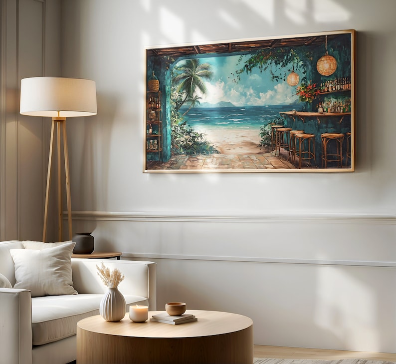 May include: A painting depicting a tropical bar with a turquoise blue bar top and wooden bar stools. The bar is situated on a beach with palm trees and turquoise blue water. The painting is framed in a light wood frame.