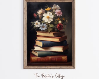 Books and Flowers Wall Art Digital, Moody Floral Painting, Book Stack Print, Book Lover Poster, Dark Academia Decor, Moody Spring Printables