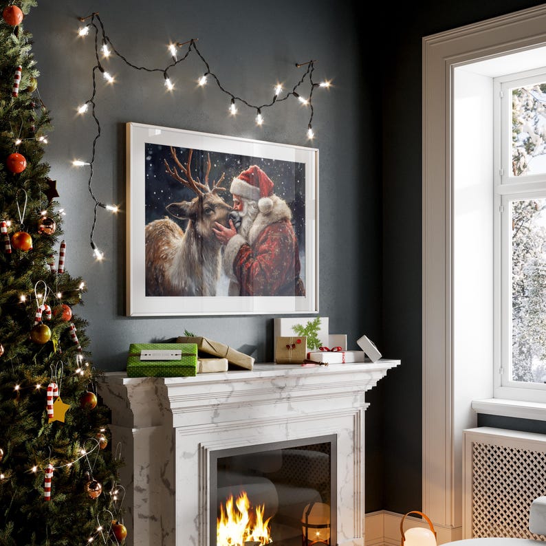 May include: A framed painting of Santa Claus kissing a reindeer. The painting is hanging on a wall above a fireplace with a lit fire. A Christmas tree with ornaments and lights is in the foreground.