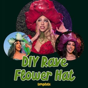 Könnte beinhalten: Drei Personen tragen große Blumenhüte. Die Hüte sind aus rotem, violettem und grünem Stoff. Der Text "DIY Rave Flower Hat template" befindet sich unter den Bildern.