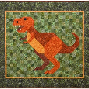 May include: A patchwork quilt featuring a large orange dinosaur with a green background. The dinosaur is made up of different coloured squares and the background is made up of smaller squares.