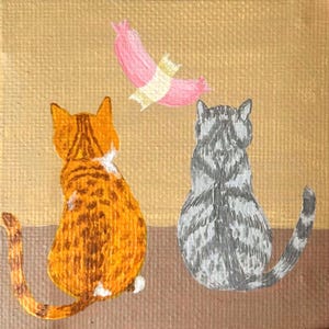 Cats in a museum | Original acrylic painting 3x3 inch | Small gift for a friend