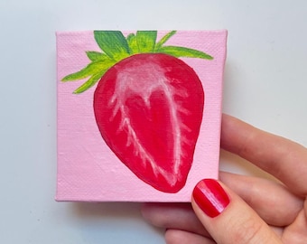 Mini Strawberry Painting, Original Acrylic Fruit Art, Small Kitchen Decor, Cute Foodie Gift, Tiny Canvas Art, Housewarming Gift
