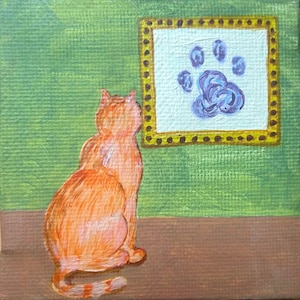 Cats in a museum | Original acrylic painting 3x3 inch | Small gift for a friend