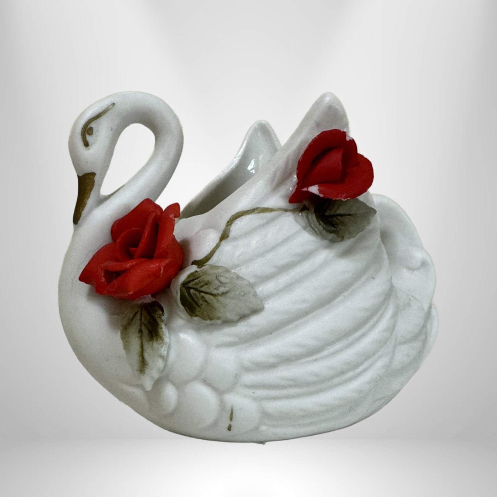 Norcrest Japan Vintage Swan Trinket Dish White With Red Roses Planter