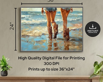 Shoreline Steps Cowboy Boot Oil Painting Digital Print, Instant Download, 36x24 Wall Art Graphic, Farm House decor, cowboy boot wall art