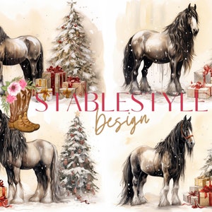 Buckskin Draft Horse Christmas Clipart / Gypsy Vanner Christmas Tree Clip Art / Caballo con árbol de Navidad nevado / Paquete de 20 imágenes