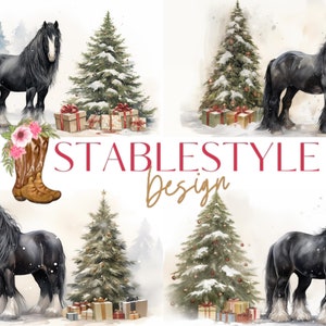 Black Draft Horse Christmas Clipart / Gypsy Vanner Christmas Tree Clip Art / Caballo con árbol de Navidad nevado / Paquete de 20 imágenes