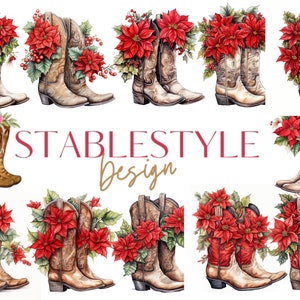 Poinsettias bottes Noël Clipart | Aquarelle | 20 Images | Inspiration de cartes de Noël | Noël inspiré du pays | Noël de cow-boy