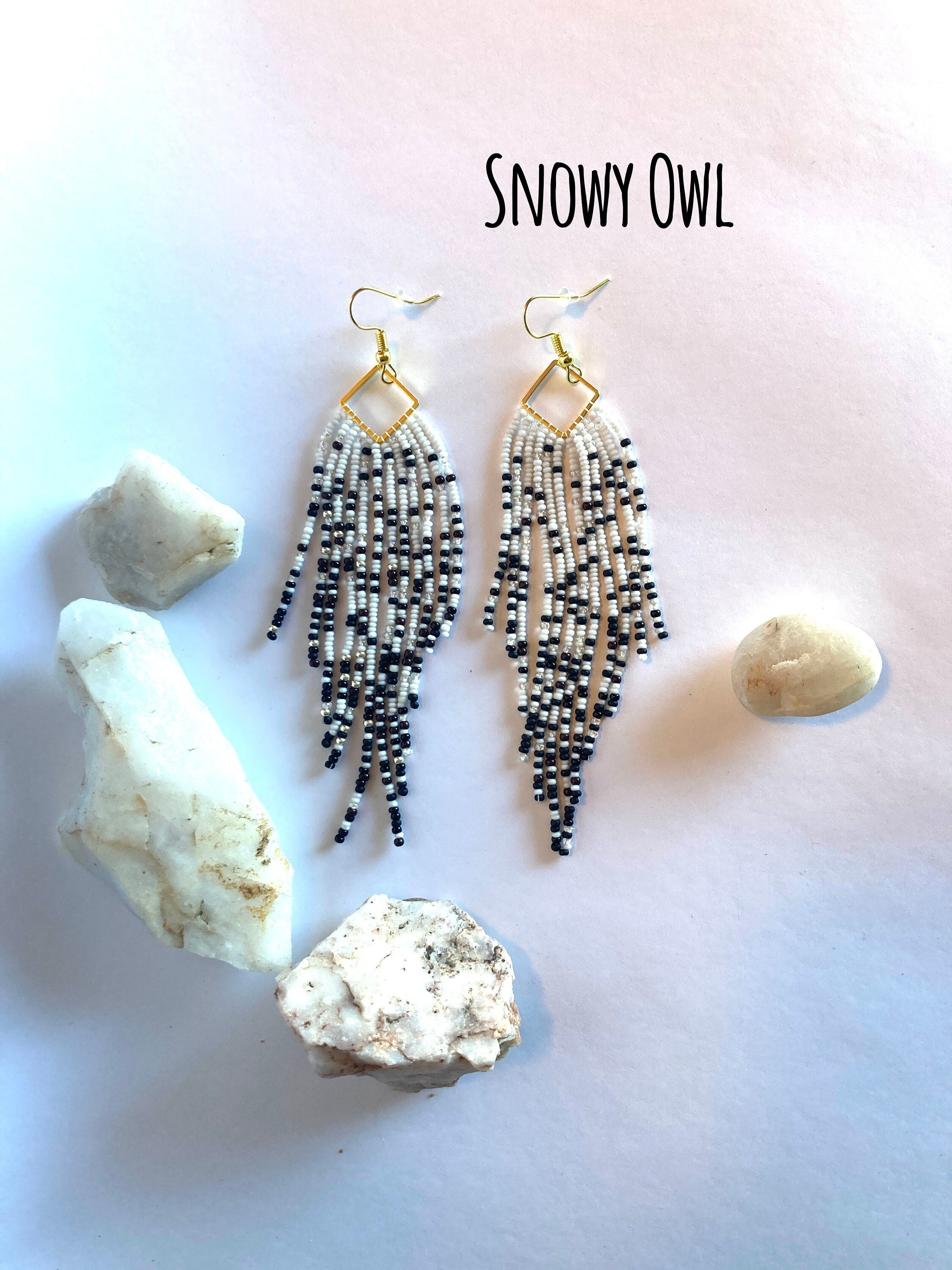 Snowy Owl - Small, dangle glass bead earrings