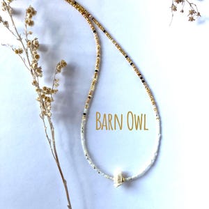 Barn Owl with real bone - 16.5" glass bead necklace.
