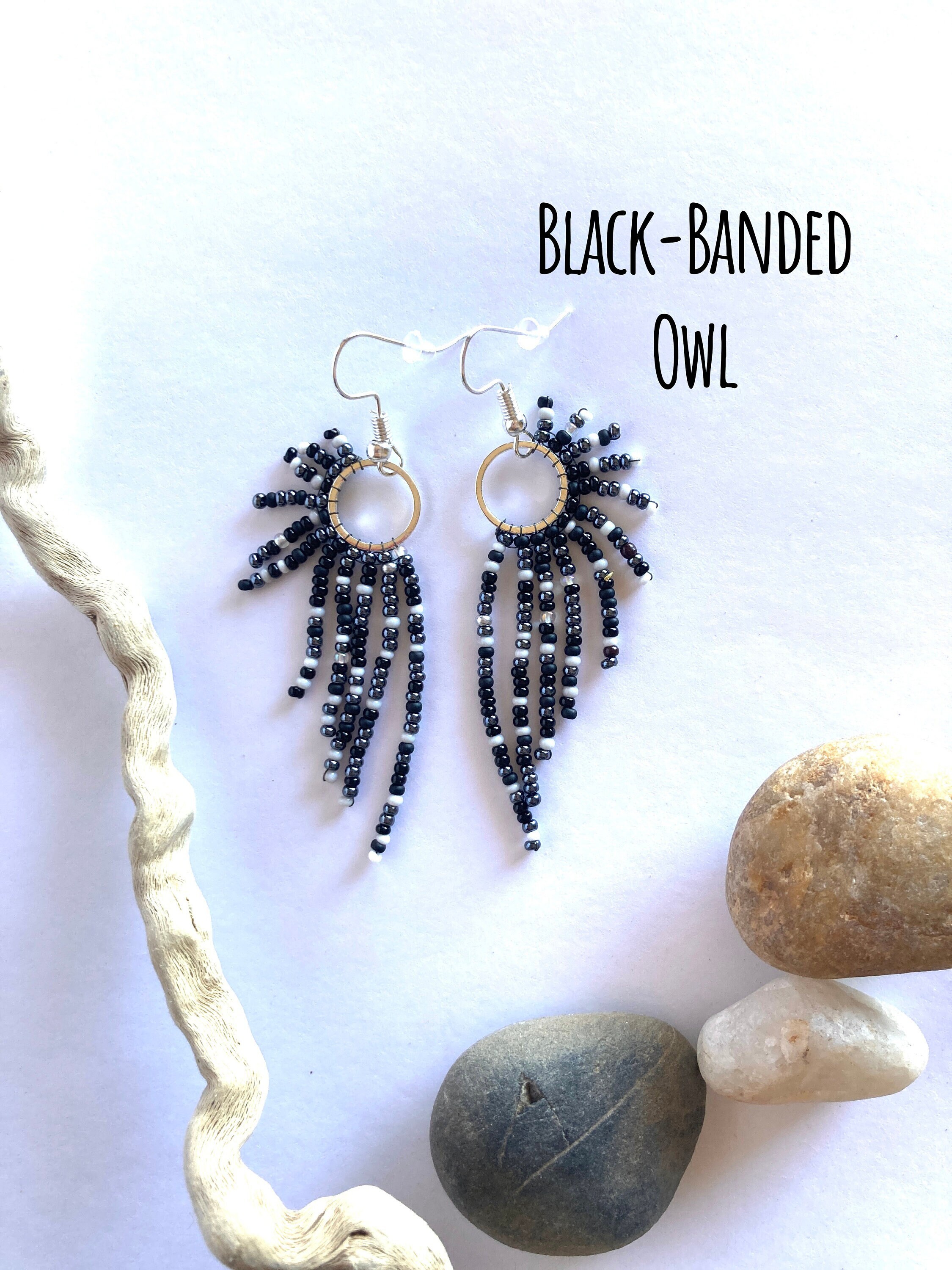 Black-Banded Owl- Extra Small, dangle glass bead earrings