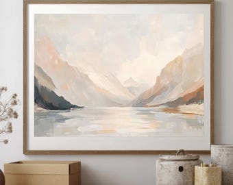 Abstract Mountain Landscape Print, Neutral Lake Wall Art, Minimalist Nature Painting, Modern Printable Home Decor (Digital Download)