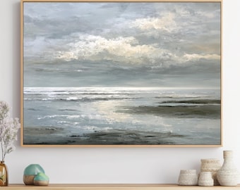 Abstract Coastal Seascape Painting | Muted Gray Ocean Horizon (Digital Download)