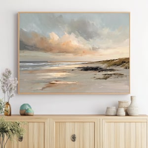 Impresión abstracta de atardecer costero / Arte mural playero en tonos neutros y tranquilos, descarga de paisaje oceánico moderno, pintura de paisaje marino en tonos pastel serenos