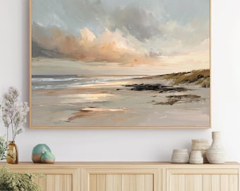 Stampa di un dipinto di una spiaggia costiera, paesaggio con tramonto sull'oceano, decorazione murale neutra