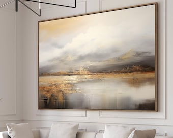 Dipinto astratto di paesaggio, grande tela, decorazione murale neutra, arredamento moderno per la casa.