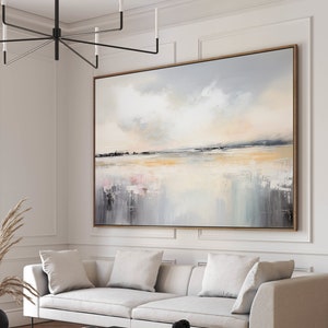 Abstract Landscape Painting, Calm Coastal Seascape, Large Downloadable Print, Modern Canvas Wall Art - White, Beige and Gray Tones
