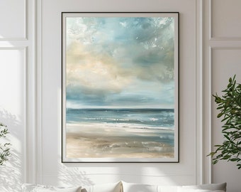 Abstract Seascape Painting, Calm Coastal Art, Beige and Blue Tones (Digital Download)