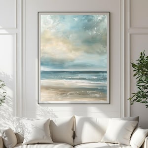 Abstract Seascape Painting, Calm Neutral Coastal Acrilic Paint, Large Downloadable Print, Contemporary Canvas Wall Art, Beige and Blue Tones