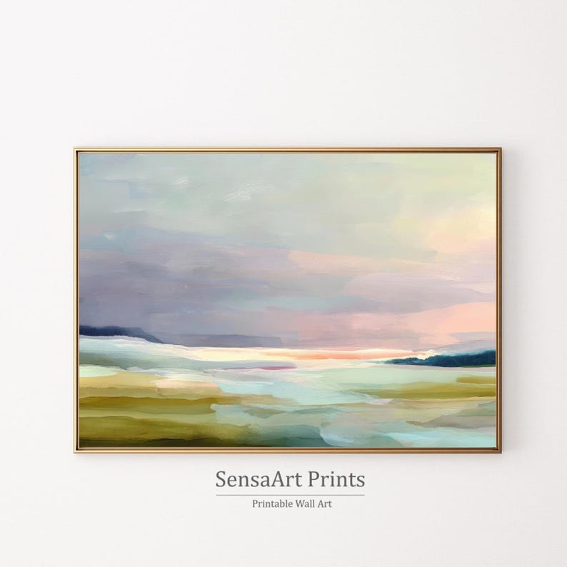 May include: Abstract landscape painting in a gold frame. The artwork features a serene scene with pastel colors, including blues, pinks, and greens. The text "SensaArt Prints Printable Wall Art" is at the bottom.