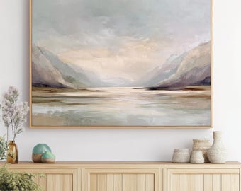 Muurkunst berglandschap neutrale tinten | Zacht abstract natuurschilderij | Digitale download voor een sereen modern interieur | Grote muurkunst