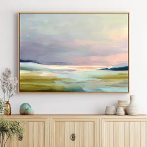 Abstract minimalist landscape painting in pastel green, blue, and pink tones. Soft gradients and layered textures create a calm, airy horizon. Perfect printable wall art for modern, Scandinavian, or Japandi interiors, bringing serenity, balance, and gentle color to your home. High-resolution digital artwork.
