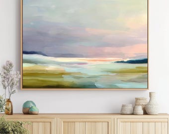 Pastel Abstract Landscape Painting | Minimal Wall Art Print | Soft Green and Pink Horizon Artwork for Modern Decor | Calm Pastel Wall Art
