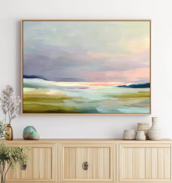 Pastel Abstract Landscape Painting | Minimal Wall Art Print | Soft Green and Pink Horizon Artwork for Modern Decor | Calm Pastel Wall Art