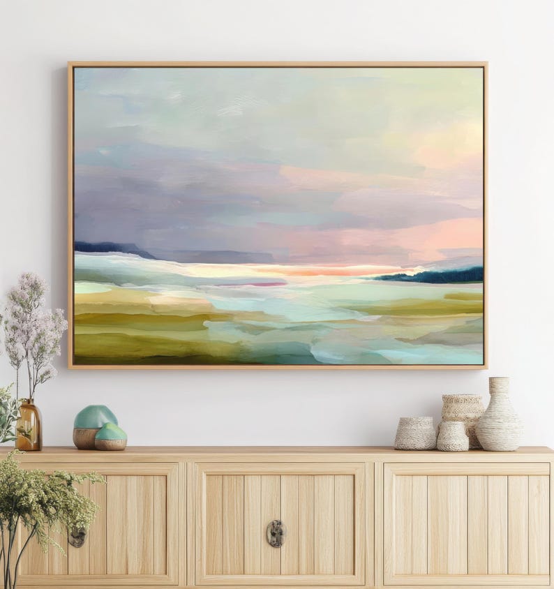 Abstract minimalist landscape painting in pastel green, blue, and pink tones. Soft gradients and layered textures create a calm, airy horizon. Perfect printable wall art for modern, Scandinavian, or Japandi interiors, bringing serenity, balance, and gentle color to your home. High-resolution digital artwork.