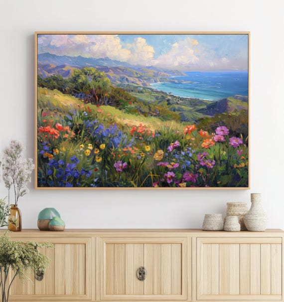 Coastal Landscape Print – Ocean View Wall Art, Colorful Wildflowers Landscape Painting, Scenic Nature Decor, Printable Artwork