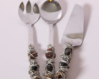 Vintage Gemstone Wired Wrapped Stainless Steel Serving Utensils - Set of 3