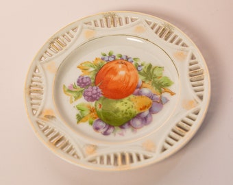Vintage Small Trinket Dish with Fruits and Gold Trim
