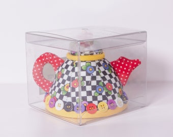 Vintage 90s Mary Engelbreit Checkered Fabric and Floral Teapot Pin Cushion - in Original Box