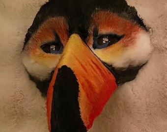 Máscara de tucán hecha a mano, máscara de pájaro de fieltro