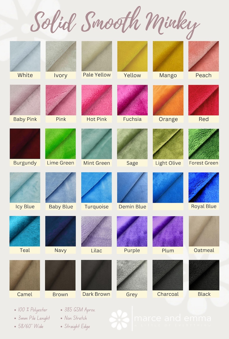 Multiple Color Minky Premium Quality Fabric Wide Width Material Soft Plush Construction Project Supply Essential Baby Blanket Making Resource Professional Grade Details One Sided Design Three Millimeter Pile Height Craft Room Supply