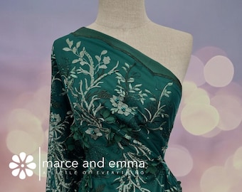 Green 3D Applique Beaded Lace Fabric by the Yard Floral Wedding Dress Fabric Net Base Embroidered for Dressmaking and Prom Dress Gowns