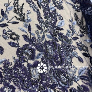 Navy Blue Floral Embroidery with Beaded and Sequins on Mesh Lace Fabric by the Yard for Applique Gowns Sewing Lace with Accessories 52 Inch