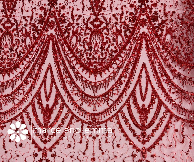 French Beaded Lace Red Color Fabric Geometric Pattern Dress Design ...